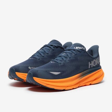hoka clifton 9 gore tex stormy skies orange zest